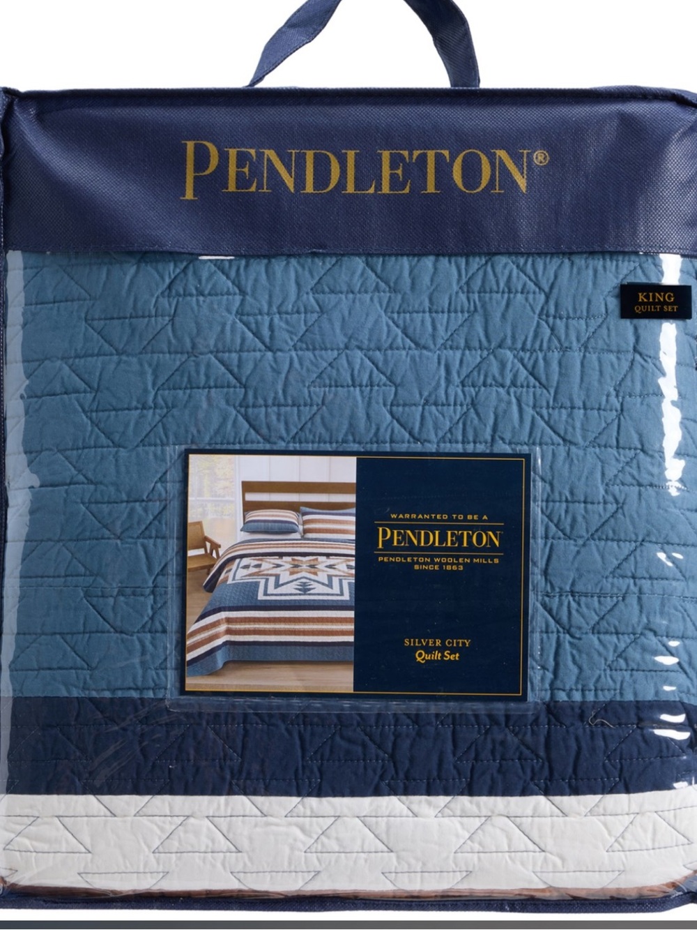Pendleton king Quilt Set - Light Blue, Navy, White